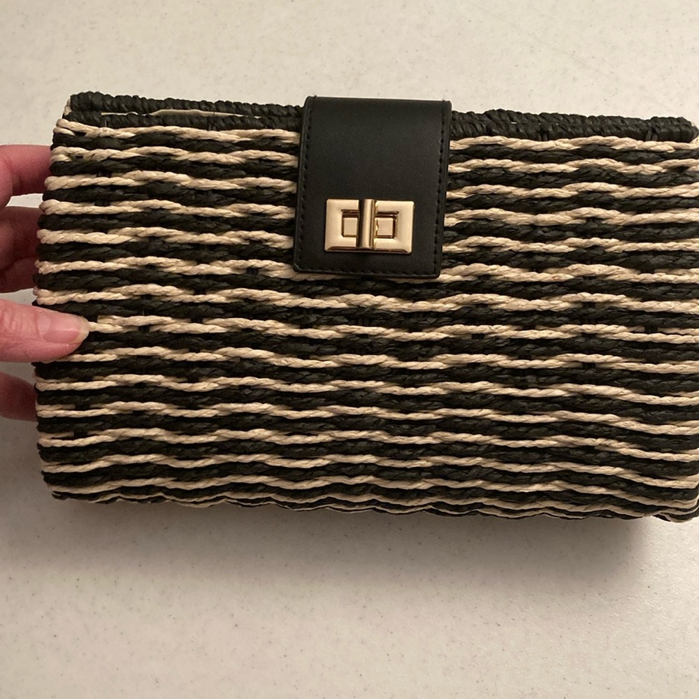 Ann Taylor Black and Natural Woven Clutch with Gold Hardware